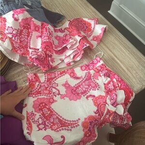 Floral Pink and White Ruffled Top and Skirt Set
